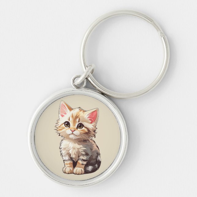 Cute Brown Kawaii Kitten Key Ring (Front)