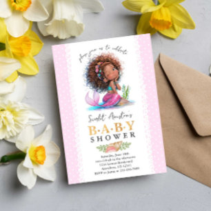 Cute Brown Little Mermaid Girl Baby Shower Invitation