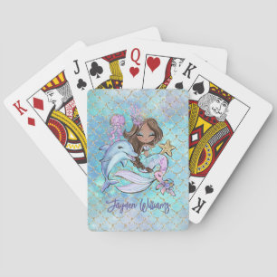 Cute Brown Mermaid Custom Name Girl Birthday Playing Cards