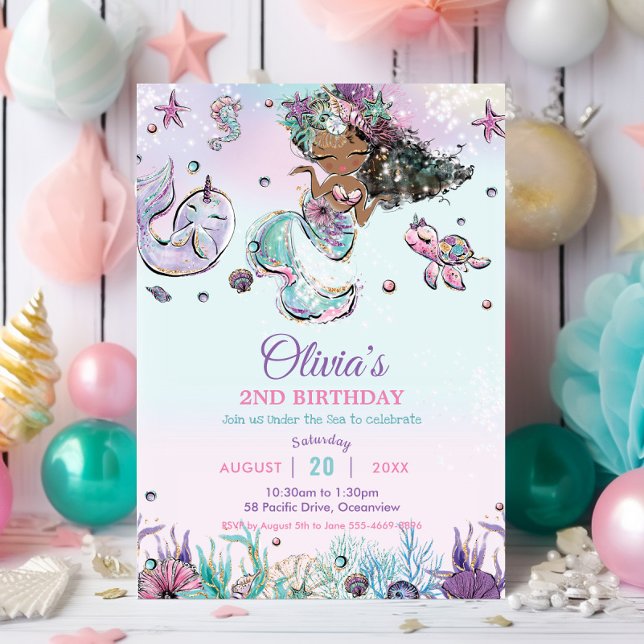Cute Brown Mermaid Under the Sea Narwhal Birthday Invitation (cute black african brown mermaid under the sea shells pool birthday party invitation cards digital  )
