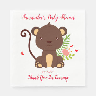 Cute Brown Monkey With Pink FloFlowers Baby Shower Napkin