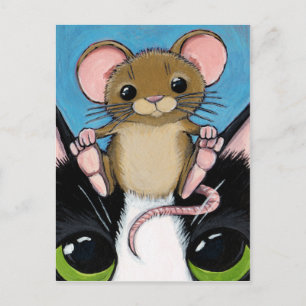 Cute Brown Mouse and Cat Postcard