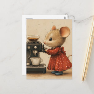 Cute Brown Mouse Makes Coffee Postcard