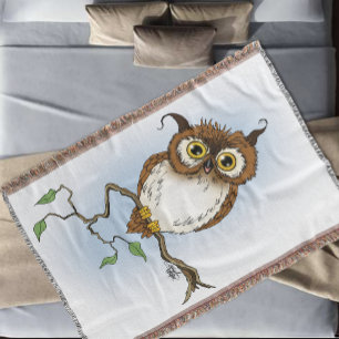Cute Brown Owl Blue Wildlife Whimsical Throw Blanket