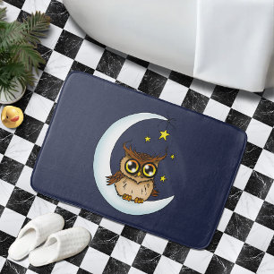 Cute Brown Owl Crescent Moon Stars Blue Bath Mat
