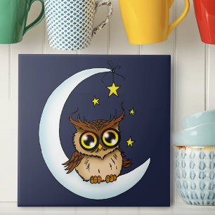 Cute Brown Owl Crescent Moon Stars Blue Ceramic Tile