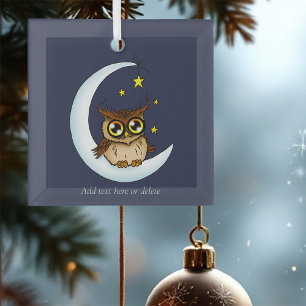 Cute Brown Owl Crescent Moon Stars Blue Glass Tree Decoration