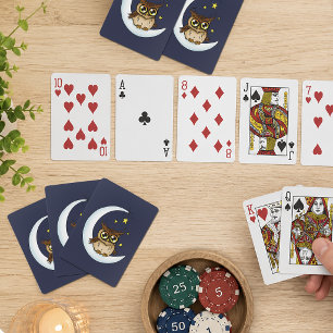 Cute Brown Owl Crescent Moon Stars Blue Playing Cards