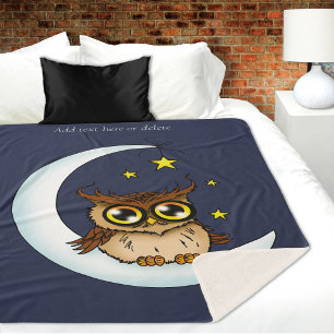Cute Brown Owl Crescent Moon Stars Blue Sherpa Blanket