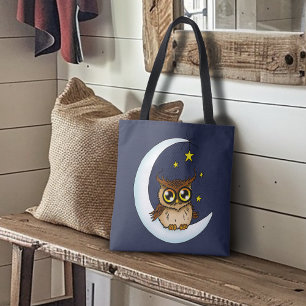 Cute Brown Owl Crescent Moon Stars Blue Tote Bag