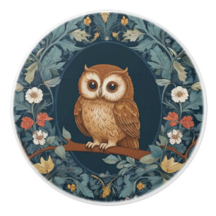 Cute Brown Owl Dark Blue Colourful Floral Flowers Ceramic Knob