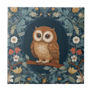 Cute Brown Owl Dark Blue Colourful Floral Flowers Ceramic Tile