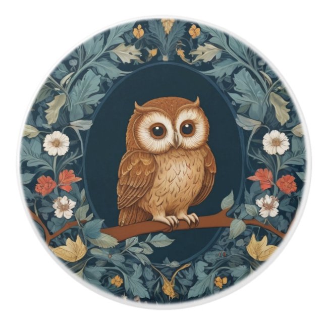 Cute Brown Owl Dark Blue Spring Summer Flowers Ceramic Knob (Front)