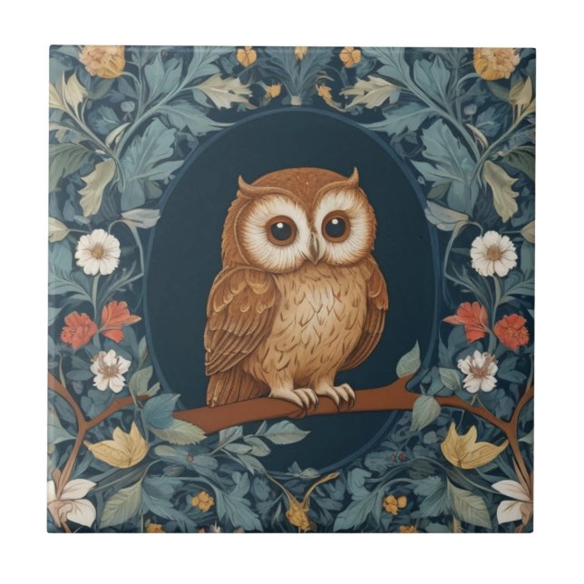 Cute Brown Owl Dark Blue Spring Summer Flowers Ceramic Tile (Front)