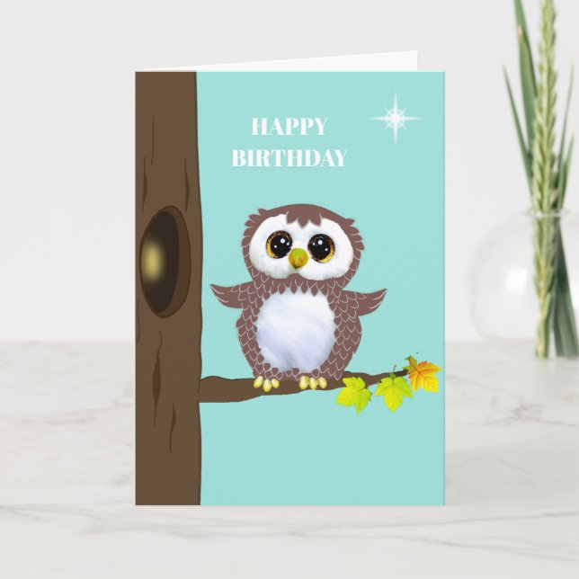 Cute Brown Owl & Editable Birthday Wishes on Teal Card (Front)