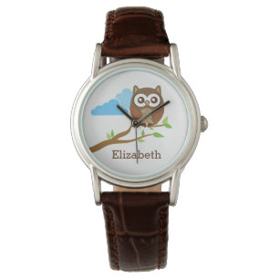 Cute Brown Owl on Branch Add Custom Name Watch