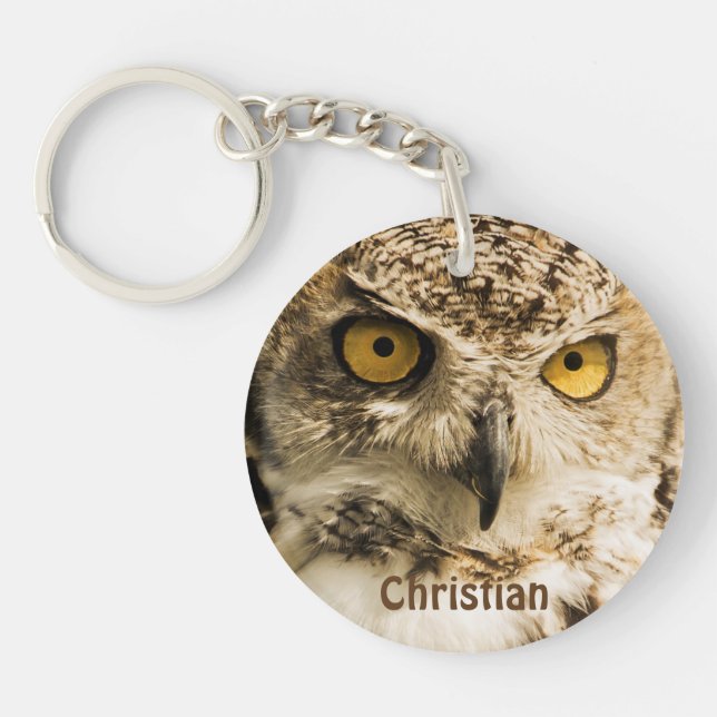 Cute Brown owl with yellow eyes add name Key Ring (Front)