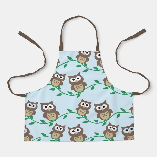 Cute Brown Owls on Branches Blue Apron (Front)