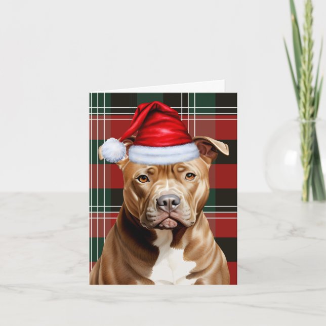 Cute Brown Pitbull Santa Dog Red Green Plaid Holiday Card (Front)