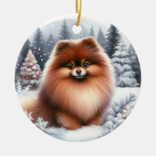Cute Brown Pomeranian Dog Scenic Winter Ceramic Ornament