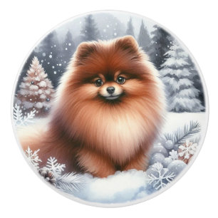 Cute Brown Pomeranian Winter Art Ceramic Knob