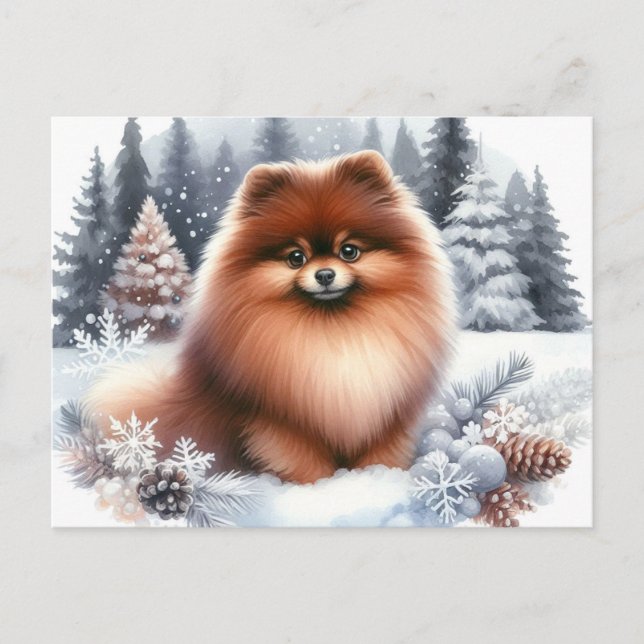 Cute Brown Pomeranian Winter Art Postcard (Front)