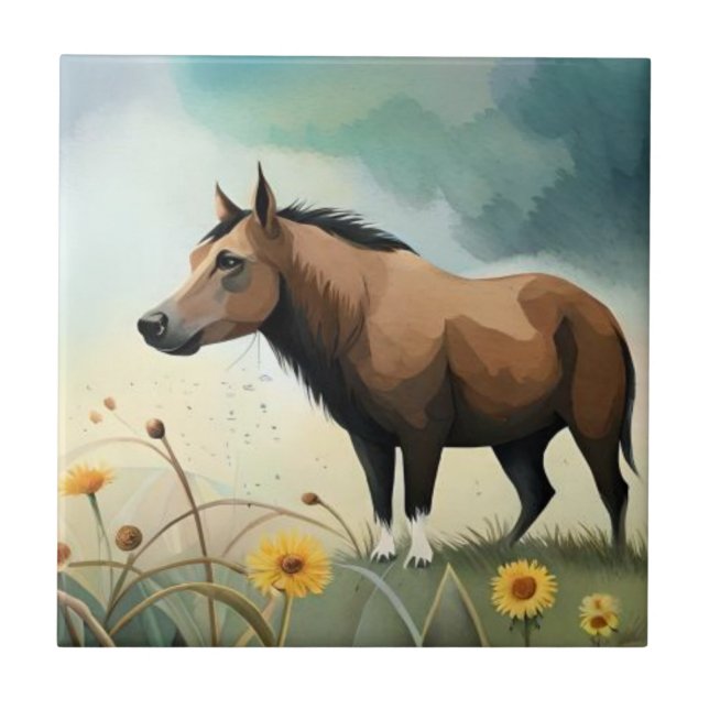 Cute brown pony in the floral field ceramic tile (Front)