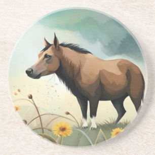 Cute brown pony in the floral field coaster