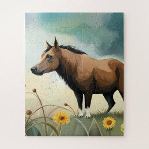 Cute brown pony in the floral field jigsaw puzzle
