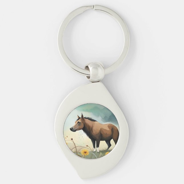 Cute brown pony in the floral field key ring (Front)