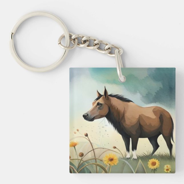 Cute brown pony in the floral field key ring (Front)