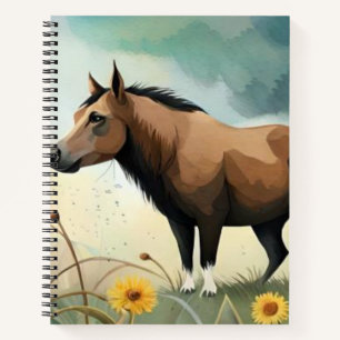 Cute brown pony in the floral field notebook