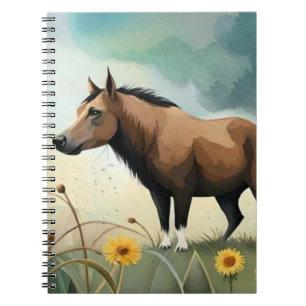 Cute brown pony in the floral field notebook