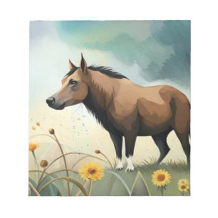 Cute brown pony in the floral field notepad