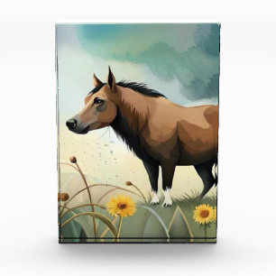 Cute brown pony in the floral field photo block