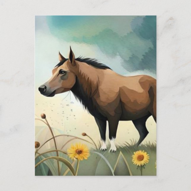 Cute brown pony in the floral field postcard (Front)