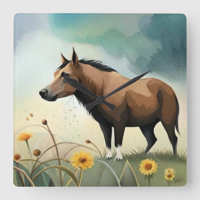 Cute brown pony in the floral field square wall clock (Front)