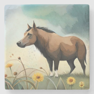 Cute brown pony in the floral field stone coaster