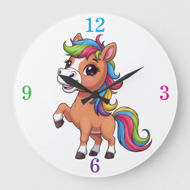 Cute Brown Pony Rainbow Mane Kids Nursery Round Cl Large Clock (Front)