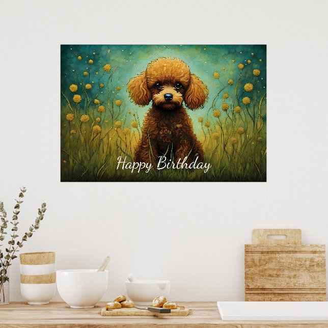Cute Brown Poodle Flower Meadow  Poster (Kitchen)