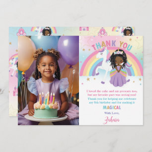 Cute Brown Princess Rainbow Unicorn Birthday Photo Thank You Card