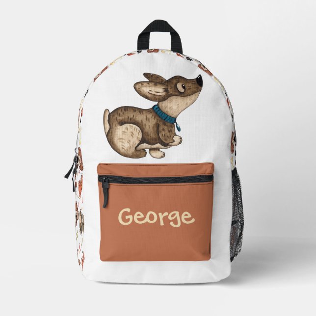 CUTE BROWN PUPPIES DOGS BONES PATTERN CUSTOM NAME PRINTED BACKPACK (Front)