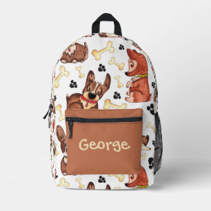CUTE BROWN PUPPIES DOGS BONES PATTERN CUSTOM NAME PRINTED BACKPACK