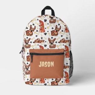 CUTE BROWN PUPPIES DOGS BONES PATTERN CUSTOM NAME PRINTED BACKPACK