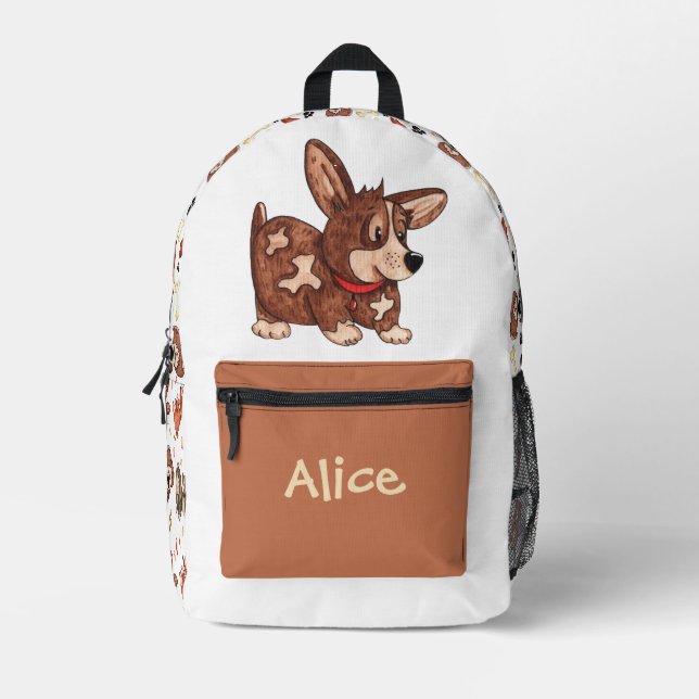 CUTE BROWN PUPPIES DOGS BONES PATTERN CUSTOM NAME PRINTED BACKPACK (Front)