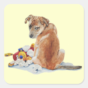 cute brown puppy and teddy realist dog portrait square sticker