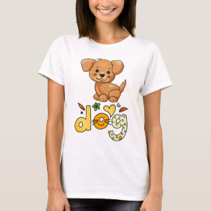 Cute Brown Puppy Dog Flower Heart White T-Shirt