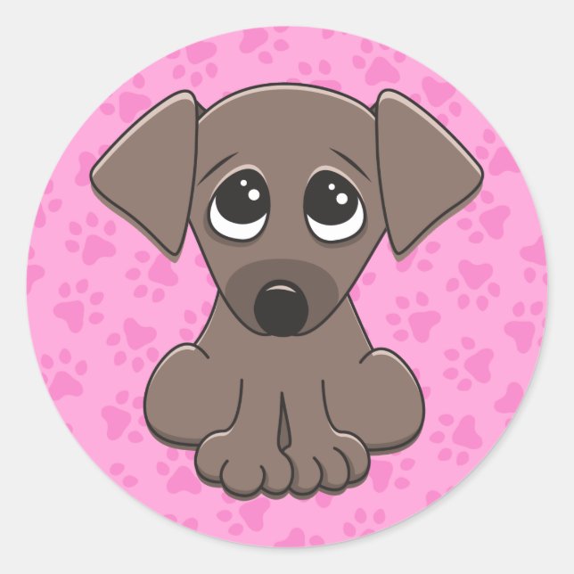 Cute, brown puppy dog on pink paw print background classic round sticker (Front)