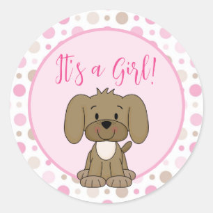 Cute Brown Puppy Dog Pink Polka Dot Baby Shower Classic Round Sticker