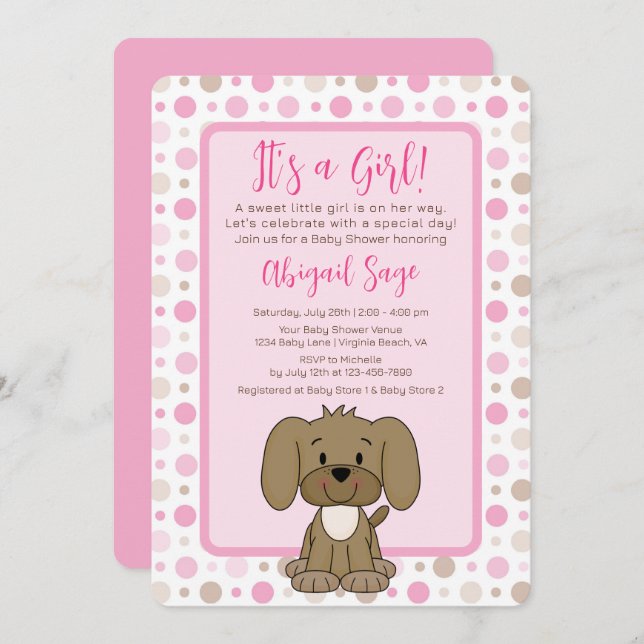 Cute Brown Puppy Dog Pink Polka Dot Baby Shower Invitation (Front/Back)